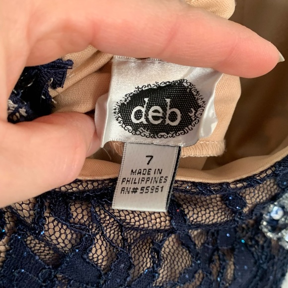 Navy Blue lace open back formal dress with beaded belt - Picture 3 of 7